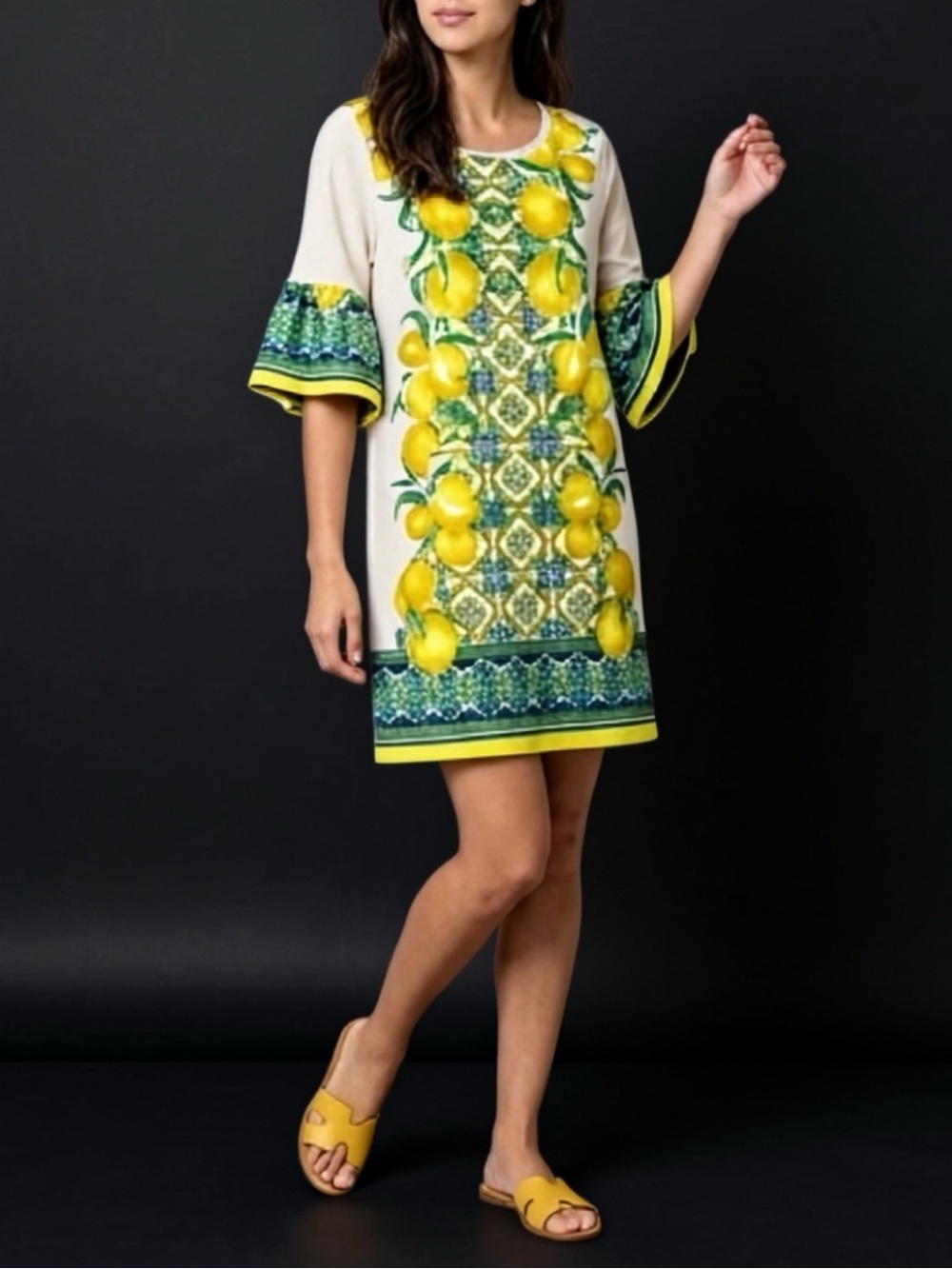 Harlow & Rose White Blue Yellow Tuscan Lemon Ruffle Bell Sleeve Dress S Vineyard